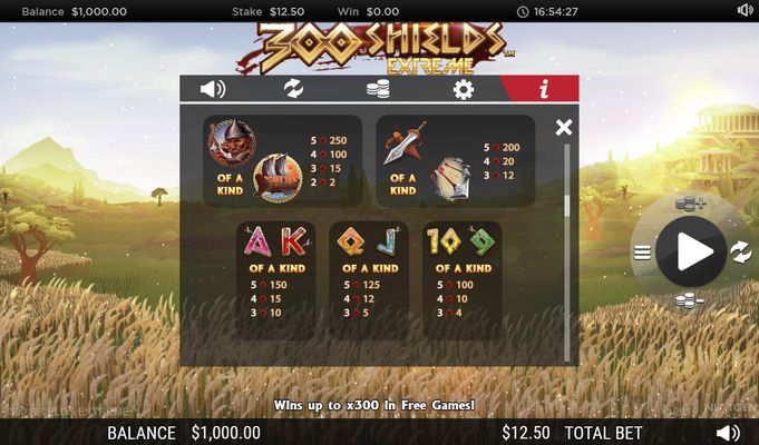 300 Shields Extreme :: Paytable