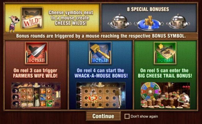 Game features include: 8 Special Bonus Rounds, Cheese Wilds, Farmers Wife Wild, Whack-A-Mouse Bonus and Big Cheese Trail Bonus.