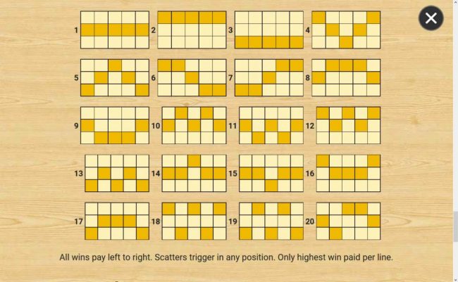 Payline Diagrams 1-20. All wins pay left to right. Scatter triggers in any position. Only highest win paid per line.