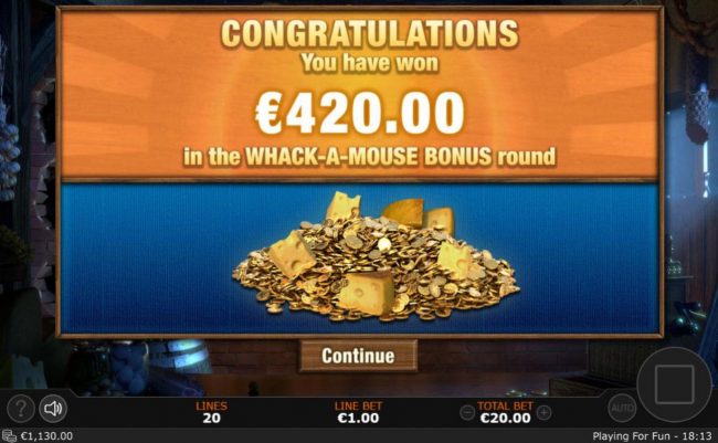 Whack-A-Mouse feature pays out a total of 420.00