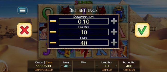 Click the Bet Steetings to adjust the denomination, line bet and/or lines.