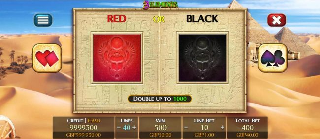 Double-Up feature game board, select red or black for a chance to double your spin winnings.
