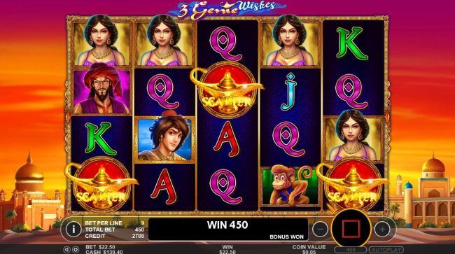 Three magic lamp scatter symbols anywhere on the reels , triggers the free spins feature.