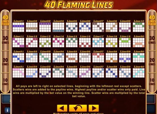 Payline Diagrams 1-40. All pays are left to right on selected lines, beginning with the leftmost reels except scatters.