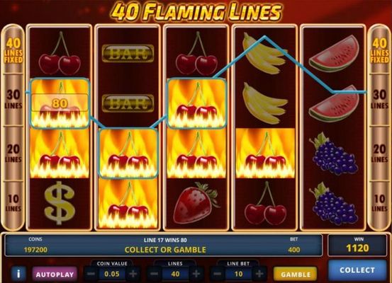 Cherry symbols landing on the reels form multiple winning paylines leading to an 1120 coin payout.