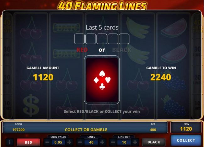 Gamble feature game board is optional and available after every winning spin. Select Red or Black or Collect your win.