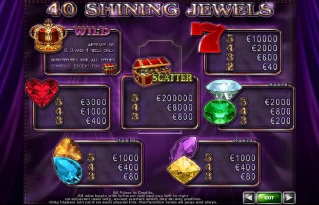 Slot game symbols paytable featuring luxury gemstone themed icons.