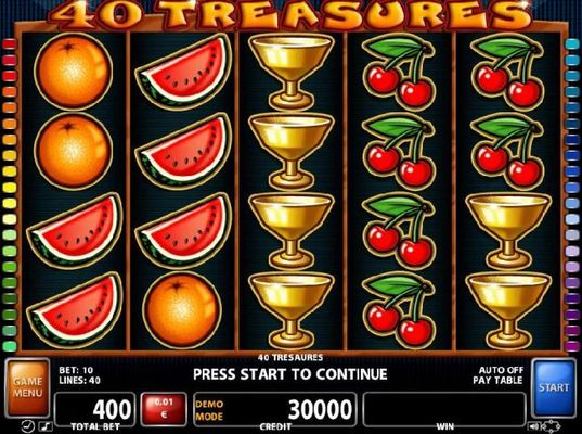 A fruit themed main game board featuring five reels and 40 paylines with a $200,000 max payout