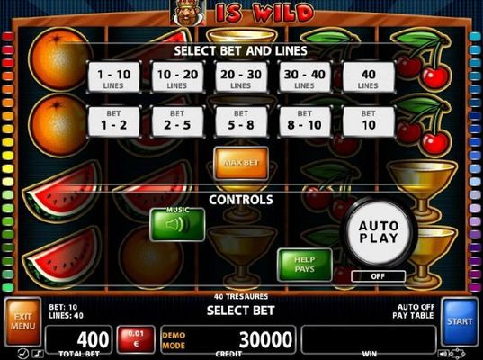 Select Bet and Lines - 1 to 40 Lines and 1 to 10 coins per line.