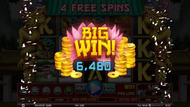A 6480 coin big win triggered during the free spins feature