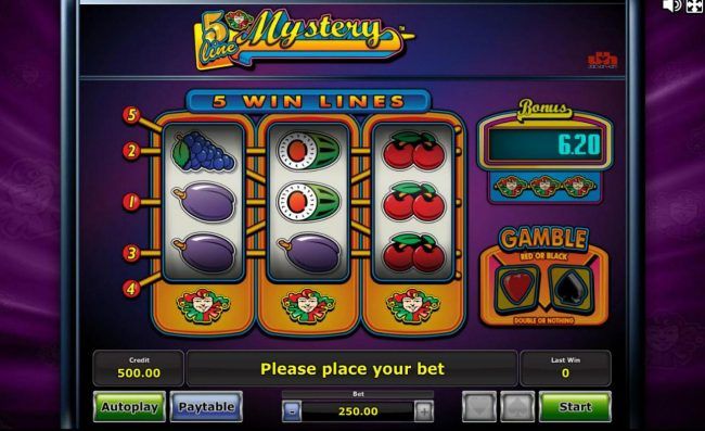 Main game board featuring three reels and 5 paylines with a $25,000 max payout