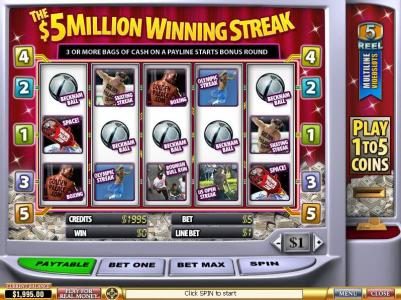 Main game board featuring five reels and 5 paylines with a $5,000,000 max payout