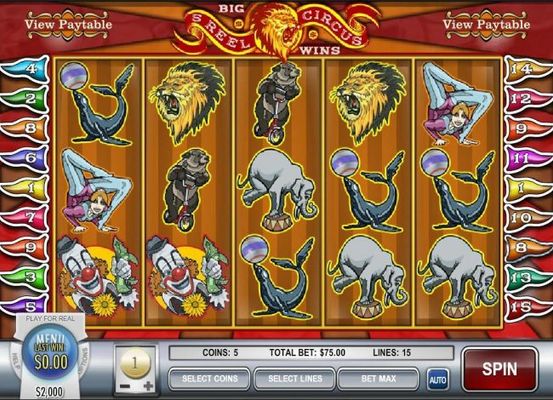 A circus themed main game board featuring five reels and 15 paylines with a $75,000 max payout