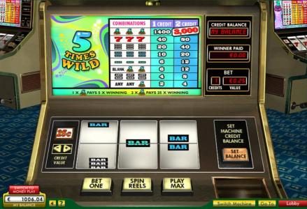 Main game board featuring three reels and a single payline with a $6,000 max payout