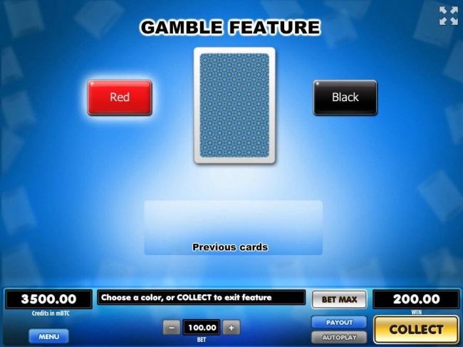 Gamble Feature - To gamble any win press Gamble then select Red or Black.