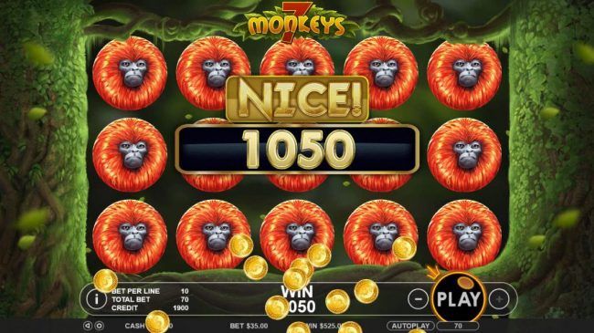 With the reels filled with orange monkeys leads to a 1050 coin payout.