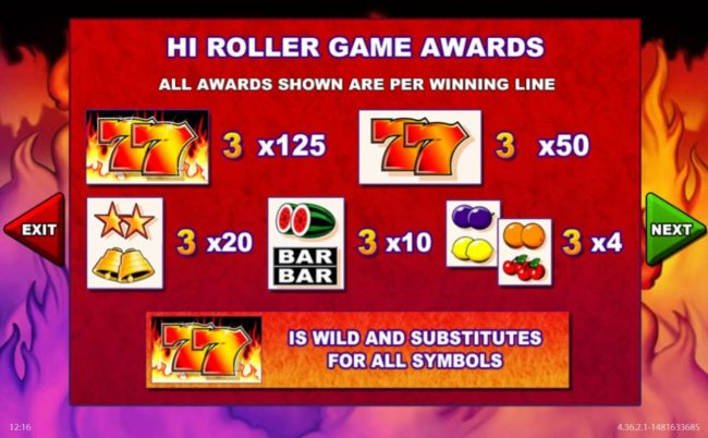 High value slot game symbols paytable.