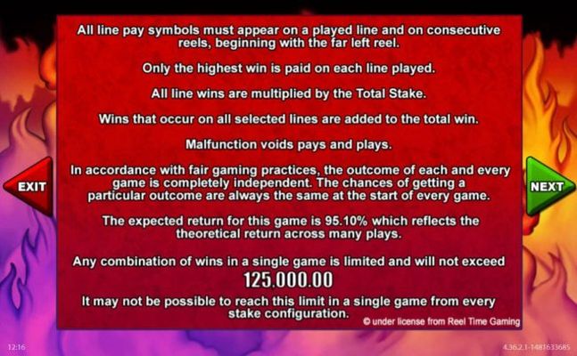 The theoretical return to player (RTP) for this game is 95.10%. Any combination of wins in a single game is limited and will not exceed 125,000.