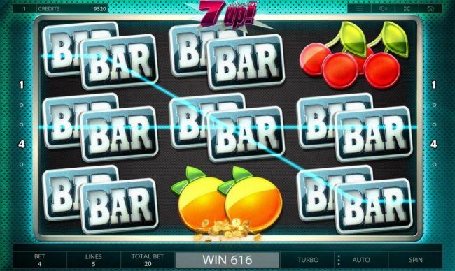 BAR symbols across two paylines triggers a 616.00 cash prize