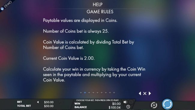 Paytable values are displayed in coins. Number of coins bet is always 25.