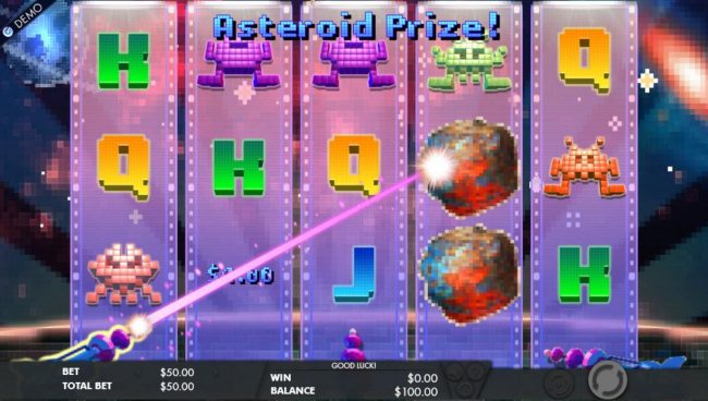 Asteroids landing on the reels will be blasted awarding player with a cash prize and new symbols will cascade down giving player a chance for additional wins.
