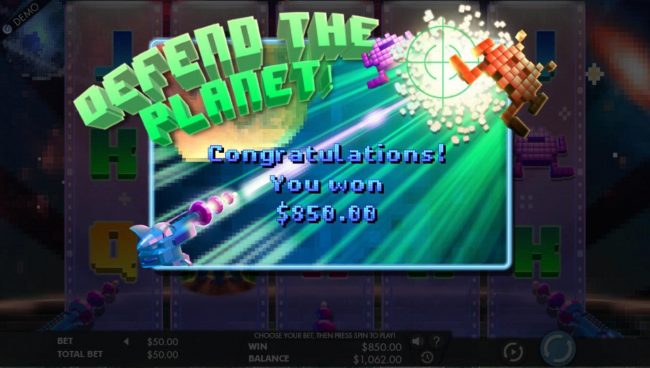 Defend the Planet bonus feature pays out a total of 850.00