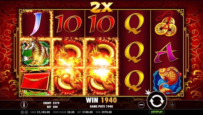 Multiple winning paylines combined with an x2 wild multiplier triggers a 1940 coin big win!