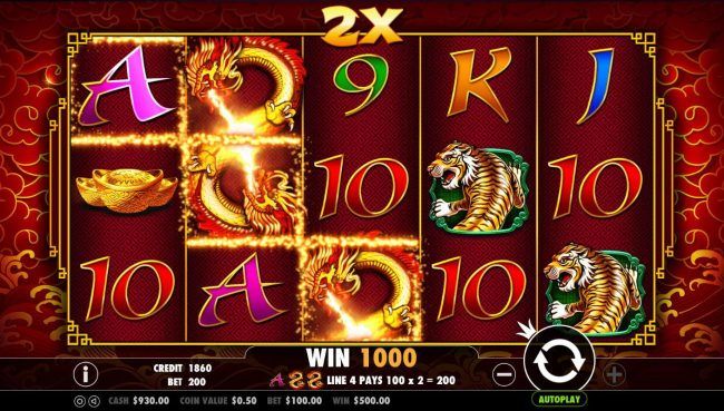 Dragon wild symbols form multiple winning combinations leading to a 1000 coin payout.