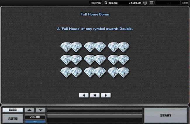 Full House Bonus - A Full House of any symbol awards Double.