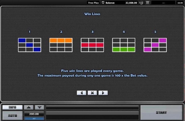 Payline Diagrams 1-5. Five win lines are played every game. The maximum payout during any one game is 160x the bet value.