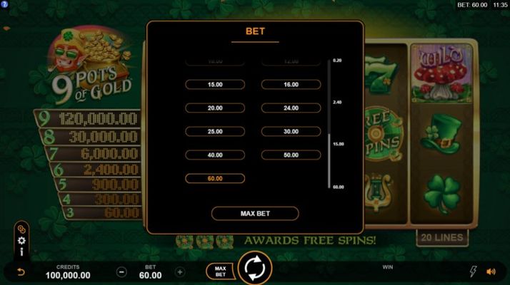 9 Pots of Gold :: Available Betting Options