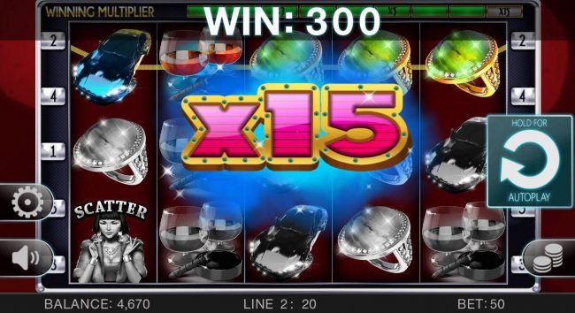 An x15 win multiplier leads to a 300 coin payout