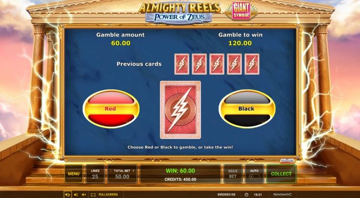 Almighty Reels Power of Zeus :: Red or Black Gamble Feature
