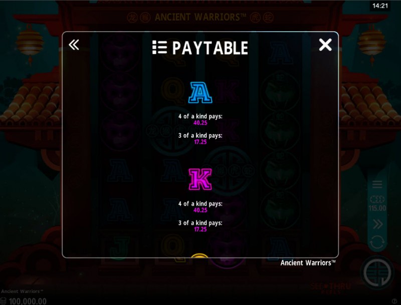 Ancient Warriors :: Paytable - Low Value Symbols