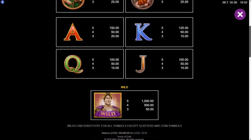 Arena of Gold :: Paytable - Low Value Symbols