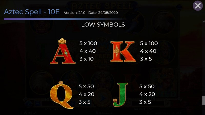 Aztec Spell 10 Lines :: Paytable - Low Value Symbols