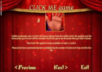 CLICK ME game, 3 CLICK ME symbols visible (scattered), wins a CLICK ME bonus. Choose from the visible CLICK ME symbols and the bonus prize you've won will be revealed.