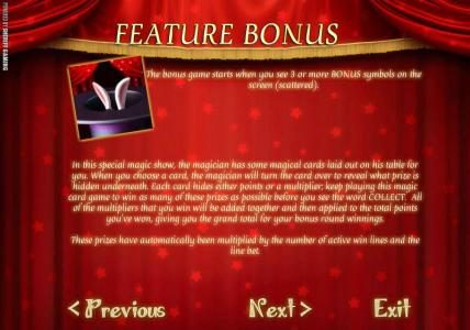 FEATURE BONUS, 3 FEATUrE BONUS symbols visible (scattered) will activate the bonus round.