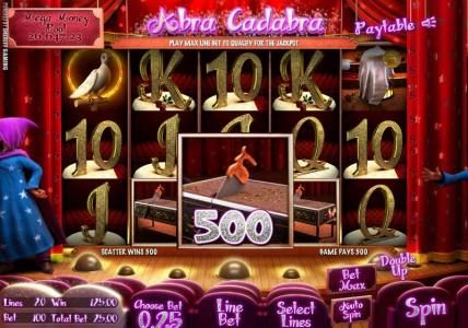 Three scatter symbols triggers a 500 coin big win jackpot