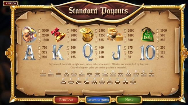 Slot game symbols paytable - high value symbols include - Mr. Scrooge. a gold bell, a stck of coins, presents and a Scrooge Bank sign.