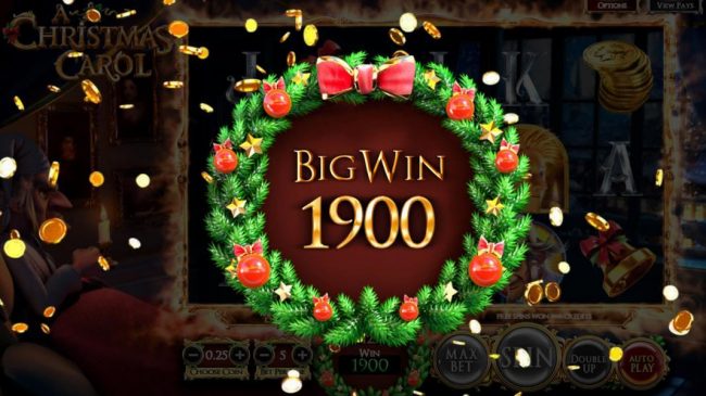 Christmas Past free spins feature pays out a total of 1900 coins for a big win!