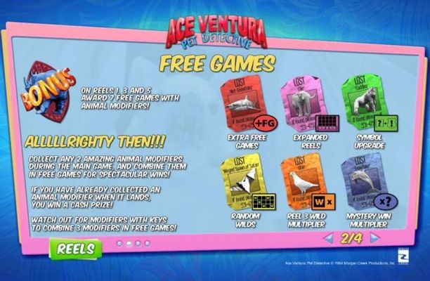 Free Games are triggered by the Rhino Bonus symbol landing on reels 1, 3 and 5 and awards 7 free games with animal modifers.
