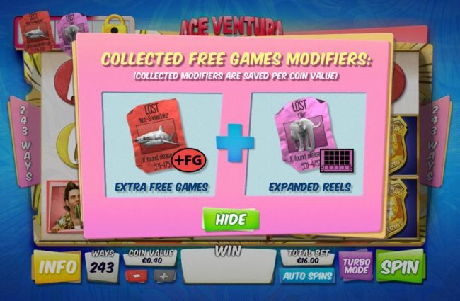 Collected free game modifiers, collected modifiers are saved per coin value.