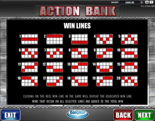 Payline Diagrams 1-20 - All line pay symbols must appear on a played line and on consecutive reels, beginning with the far left reel. Only the highest win is paid on each line played. All wins are multiplied by the stake per line.