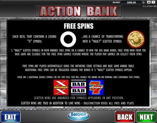 Free Spins - Each reel that contains a losing O symbol has a chance of transforming into a vault scatter symbol. 5 Vualt scatter symbols in view awards free spins or a chance to win the Big Bank Bonus. Free spins won from the base game are eligible for th