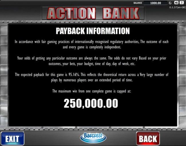 Payback Information. The maximum win from one complete game is capped at 250,000.00. The expected payback for this game is 95.16%