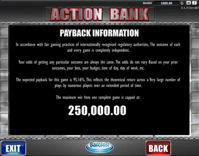 Payback Information. The maximum win from one complete game is capped at 250,000.00. The expected payback for this game is 95.16%