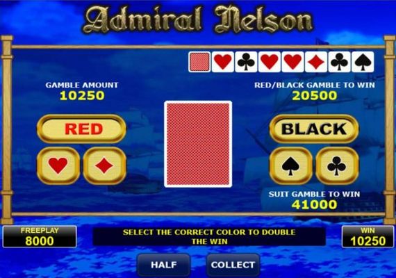 Gamble Feature - To gamble any win press Gamble then select Red or Black or suit