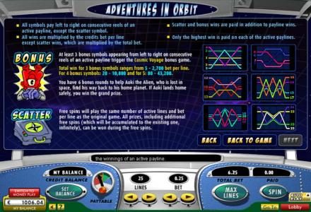 Bonus and scatter game rules and payline diagrams