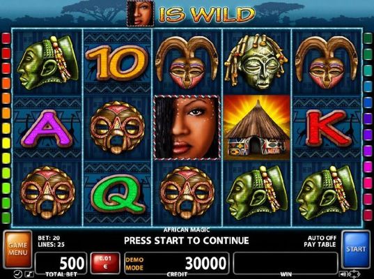 An African cultural themed main game board featuring five reels and 25 paylines with a $200,000 max payout